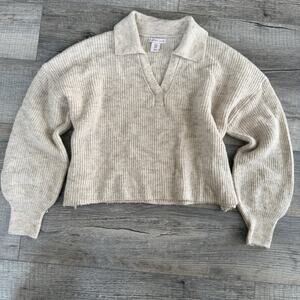 Sincerely Jules Sweater Womens Medium Beige Heathered Collared Pullover Cropped